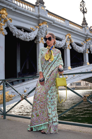 Sea Green Organza Parsi Handloom Weaving Saree_Kumari Sarees