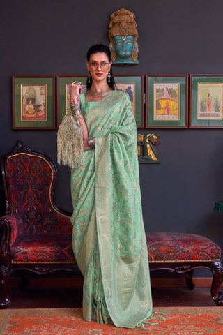 Sea Green Pure Katan Handloom Weaving Silk Saree_Kumari Sarees