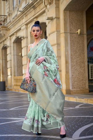 Sea Green Printed Poly Brasso Handloom Weaving Saree_Green_Kumari Sarees