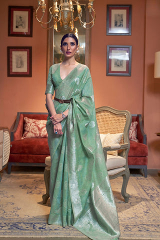 Sea Green Multi Pure Linen Weaving Saree_Kumari Sarees