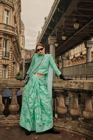 Sea Green Organza Chickankari Zari Lucknowi Handloom Weaving Saree_Kumari Sarees