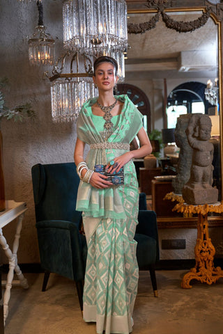 Sea Green Pure Linen Handloom Weaving Saree_Kumari Sarees