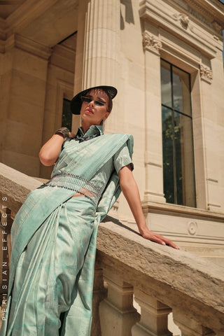 Sea Green Pure Satin Handloon Weaving Saree_Kumari Sarees