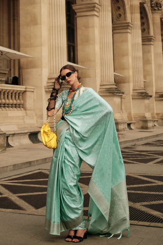 Sea Green Pure Satin Handloom Weaving Silk Saree_Kumari Sarees