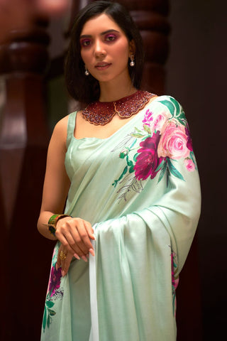 Sea Green Digital Printed Satin Crepe Saree_Kumari Sarees