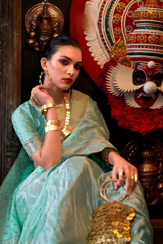 Sea Green Pure Satin Handloom Weaving Saree_Kumari Sarees
