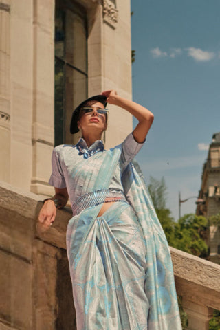 Sky Blue Pure Satin Handloon Weaving Saree_Kumari Sarees