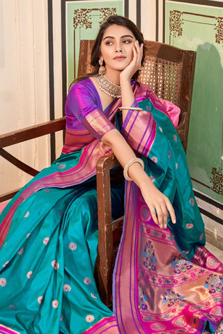 Sky Blue Soft Peshwai Paithani Silk Saree_Kumari Sarees