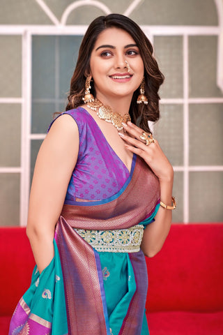 Sky Blue Soft Peshwai Paithani Silk Saree_Kumari Sarees