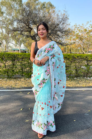 Sky Blue Organza Silk Saree_Kumari Sarees