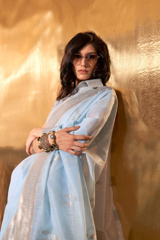 Sky Blue Handwoven Linen Saree_kumari Sarees