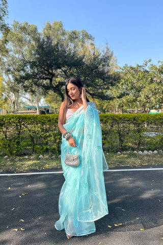 Sky Blue Organza Silk Saree_Kumari Sarees