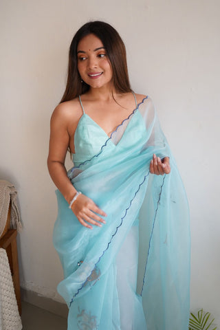 Sky Blue Organza Saree_Kumari Sarees