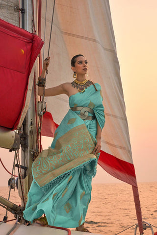 Sky Blue Satin Pastel Two Tone Handloom Weaving Saree_Kumari Sarees