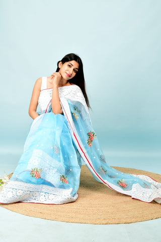Sky Blue Soft Organza Silk Saree_Kumari Sarees