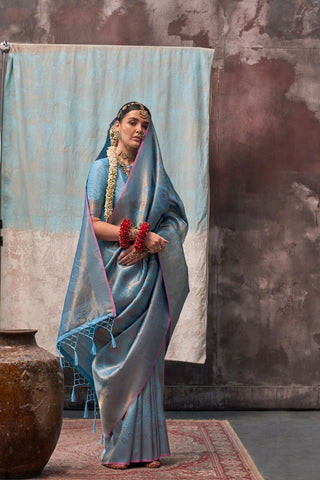 SKY BLUE TWO TONE HANDWOVEN SILK SAREE