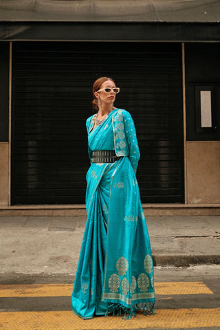 Sky Blue Pure Satin Zari Lining Handloom Weaving Saree_Kumari Sarees