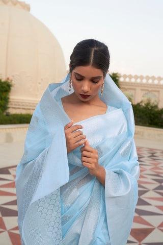 Sky Blue Pure Linen Weaving Saree_Kumari Sarees