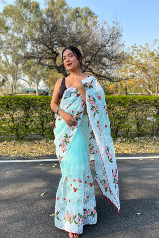 Sky Blue Organza Silk Saree_Kumari Sarees