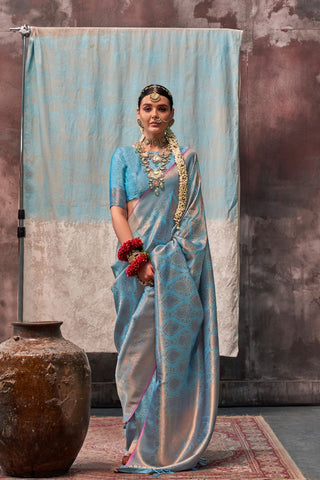 SKY BLUE TWO TONE HANDWOVEN SILK SAREE