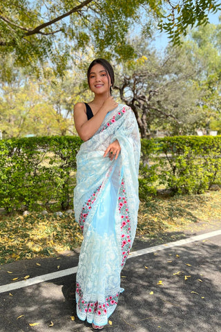 Sky Blue Organza Silk Saree_Kumari Sarees