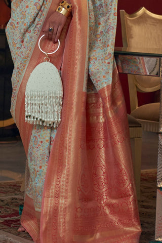 Sky Blue Modal Handloom Kashmiri Weaving Silk Saree_Kumari Sarees