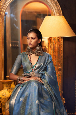 Sky Blue Two Tone Handloom Weaving Organza Saree_Kumari Sarees