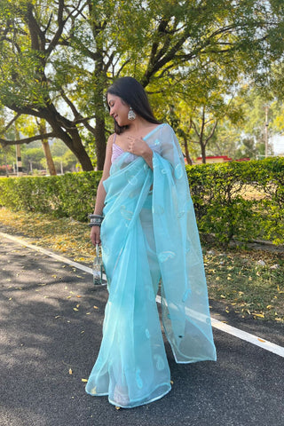 Sky Blue Organza Silk Saree_Kumari Sarees