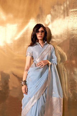Sky Blue Handwoven Linen Saree_kumari Sarees