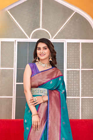 Sky Blue Soft Peshwai Paithani Silk Saree_Kumari Sarees
