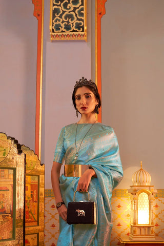 Sky Blue Nylon Satin Weaving Saree_Kumari Sarees