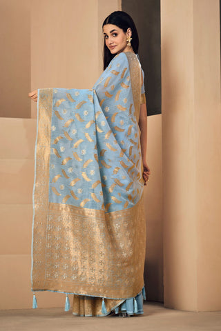 Sky Blue Linen Chanderi Saree_Kumari Sarees