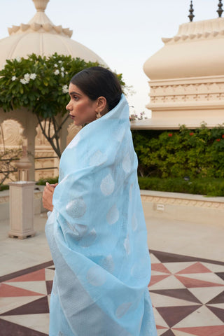Sky Blue Pure Linen Weaving Saree_Kumari Sarees