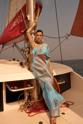 Sky Blue Chinon Nylon Handloom Weaving Saree_Kumari Sarees