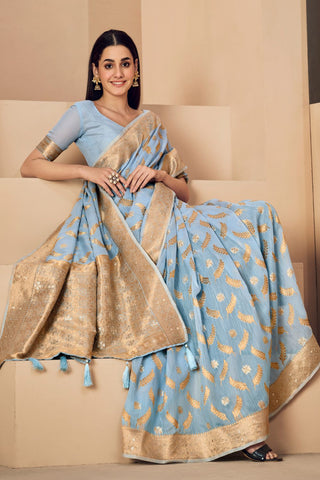 Sky Blue Linen Chanderi Saree_Kumari Sarees