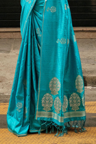 Sky Blue Pure Satin Zari Lining Handloom Weaving Saree_Kumari Sarees
