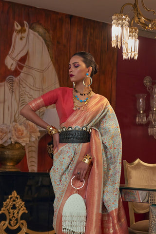 Sky Blue Modal Handloom Kashmiri Weaving Silk Saree_Kumari Sarees