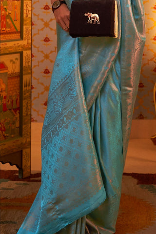 Sky Blue Nylon Satin Weaving Saree_Kumari Sarees
