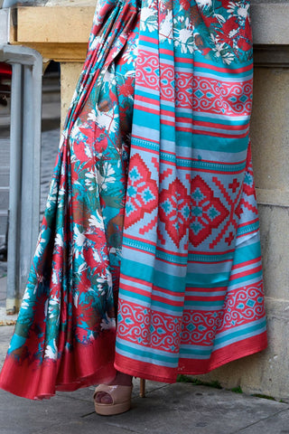 Sky Blue Satin Crepe Saree_Kumari Sarees