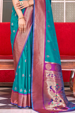 Sky Blue Soft Peshwai Paithani Silk Saree_Kumari Sarees