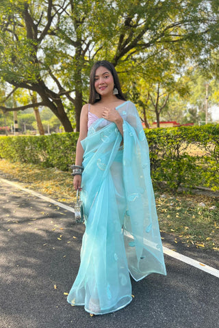 Sky Blue Organza Silk Saree_Kumari Sarees