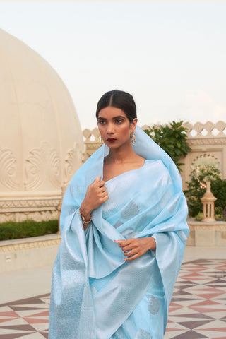 Sky Blue Pure Linen Weaving Saree_Kumari Sarees