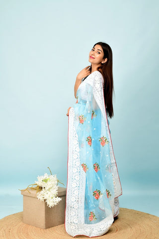 Sky Blue Soft Organza Silk Saree_Kumari Sarees