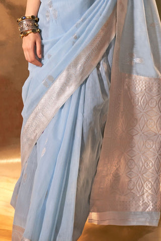 Sky Blue Handwoven Linen Saree_kumari Sarees