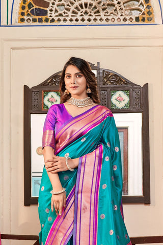 Sky Blue Soft Peshwai Paithani Silk Saree_Kumari Sarees
