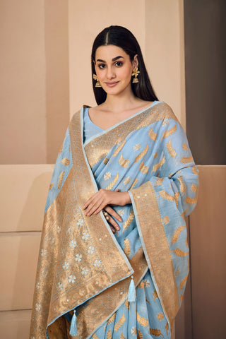 Sky Blue Linen Chanderi Saree_Kumari Sarees
