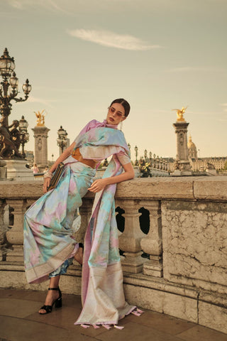 Sky Blue Rangkat Satin Handloom Weaving Silk Saree_Kumari Sarees