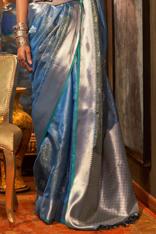 Sky Blue Two Tone Handloom Weaving Organza Saree_Kumari Sarees