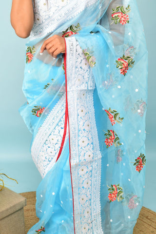 Sky Blue Soft Organza Silk Saree_Kumari Sarees