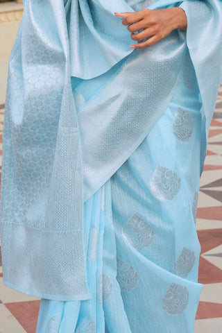 Sky Blue Pure Linen Weaving Saree_Kumari Sarees